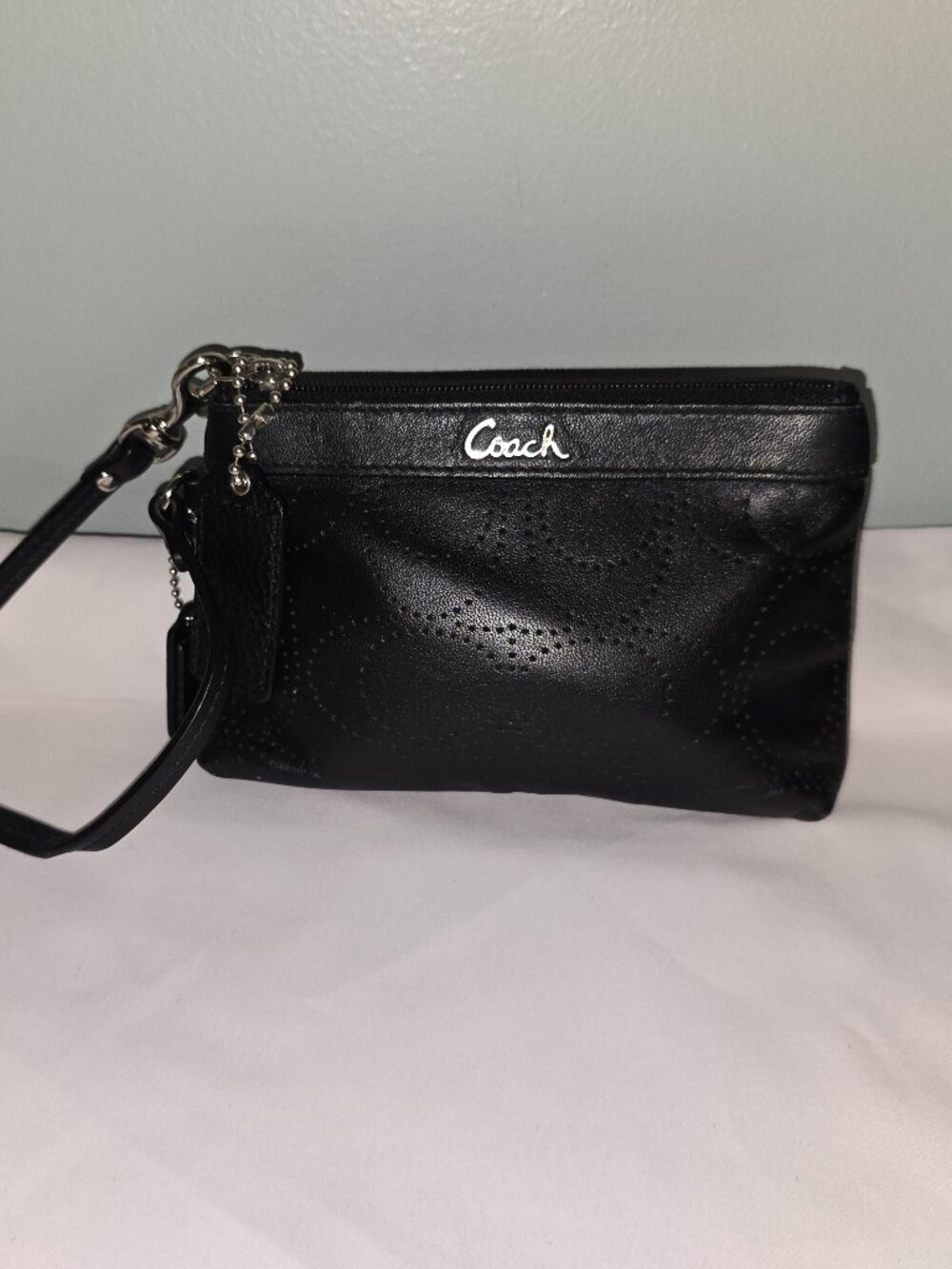Coach Signature Perforated C Wristlet in Black Leather, Gently Used Contition